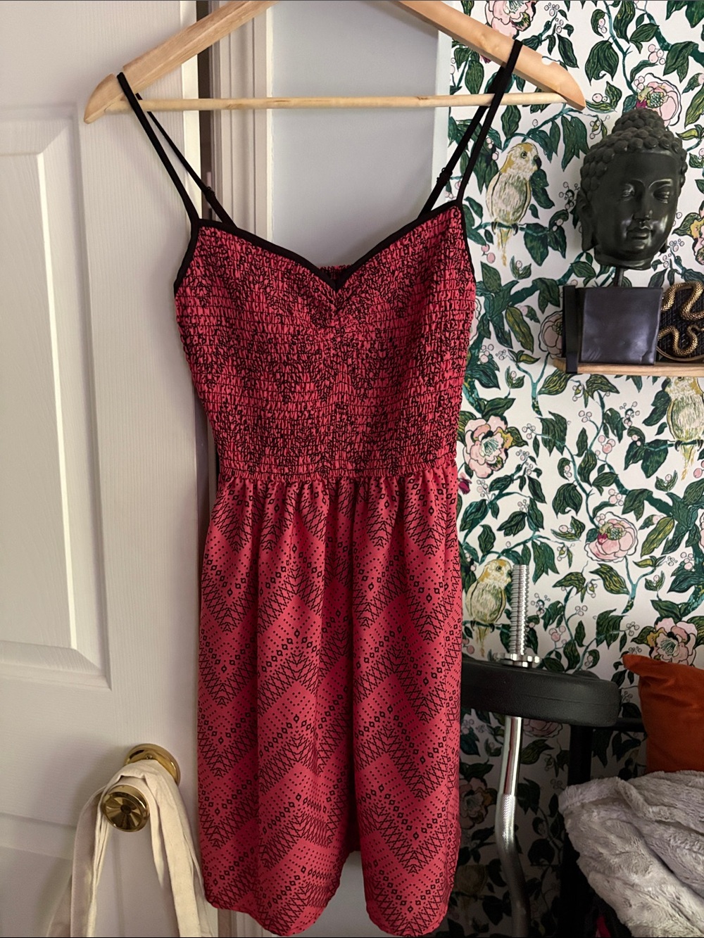 Pink Smocked Mini Dress with Black Trim